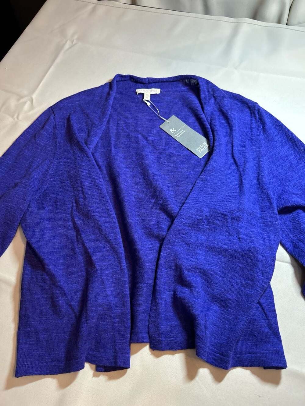 Eileen Fisher Organic Linen Cotton Crop Straight Cardigan Blue Size PL